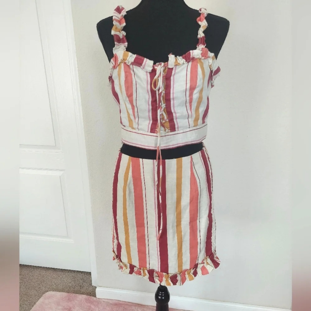 Lulu's Clara Lee Pink Striped Ruffle Crop Top Skirt Set Cotton Size‎ Meduim